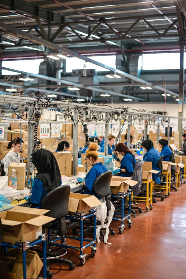Workers on a garment assembly and packing line